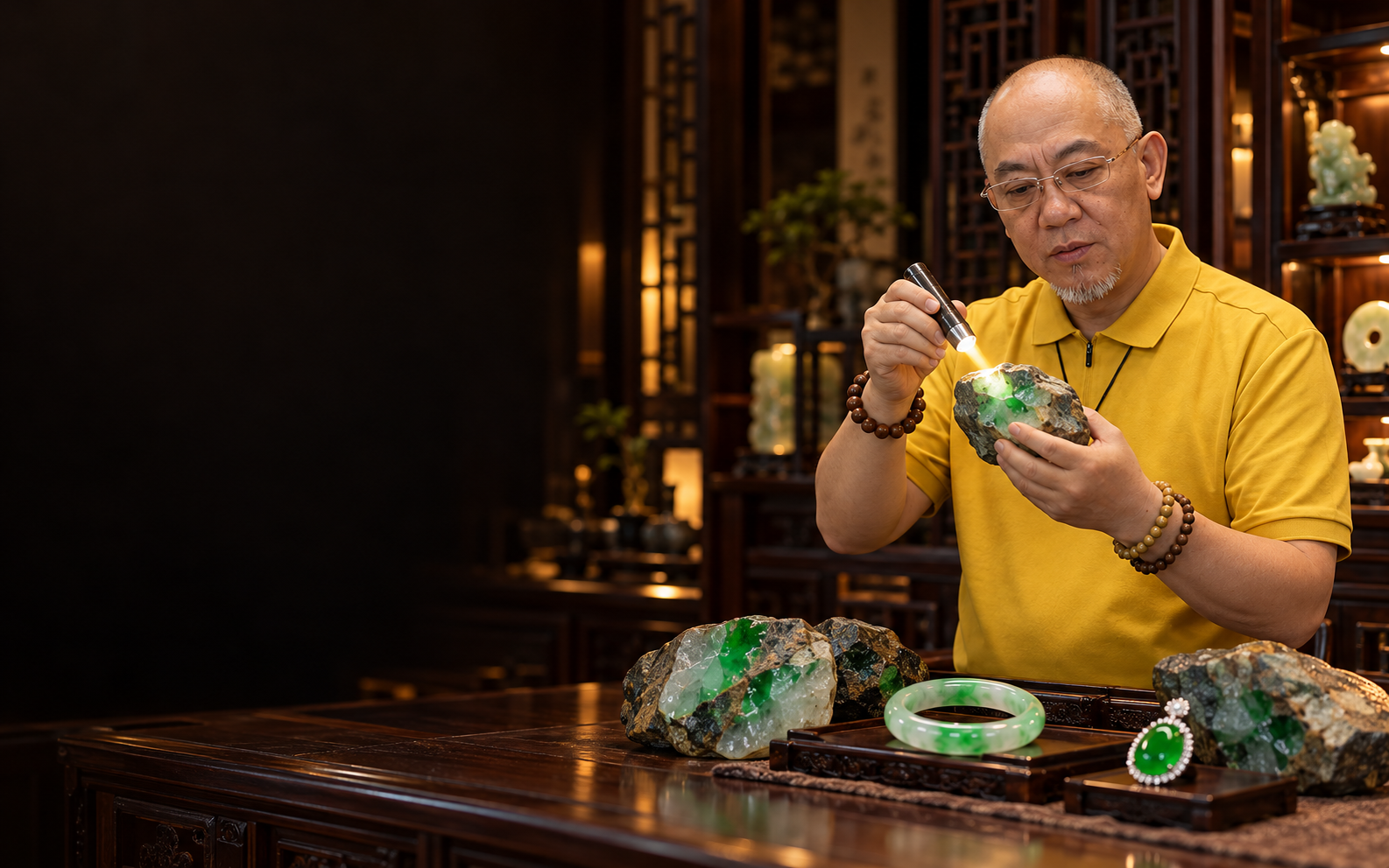 志明在瑞丽市场用灯查看翡翠原石
